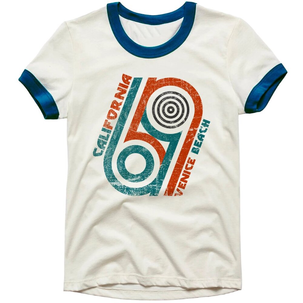 Ringer T Shirt Unisex 69 California Venice Beach Graphic Retro 80s Off White